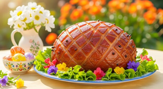 Glazed ham on a bed of flowers with a vase of daisies