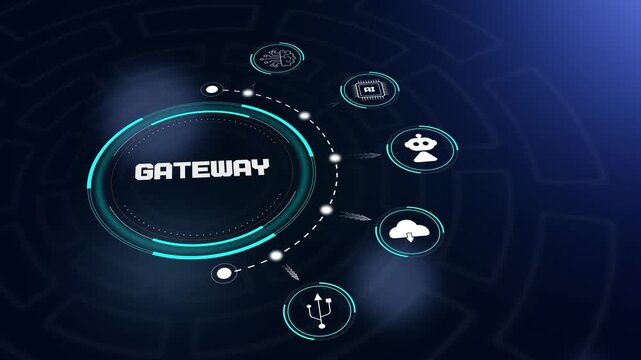 Gateway hud animation featuring futuristic digital interface with portal icons to represent secure network access and data entry