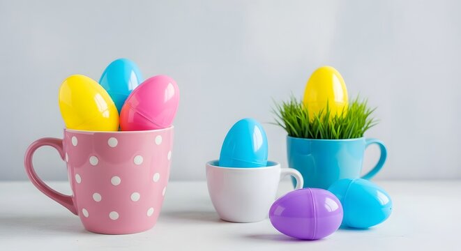 Easter eggs and grass in colorful mugs