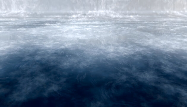 A serene nature landscape features water flowing from the forest into a calm lake under a blue sky where the horizon meets the misty fog and soft ocean waves