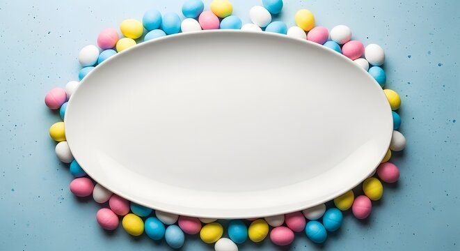 Colorful candy border on a white plate