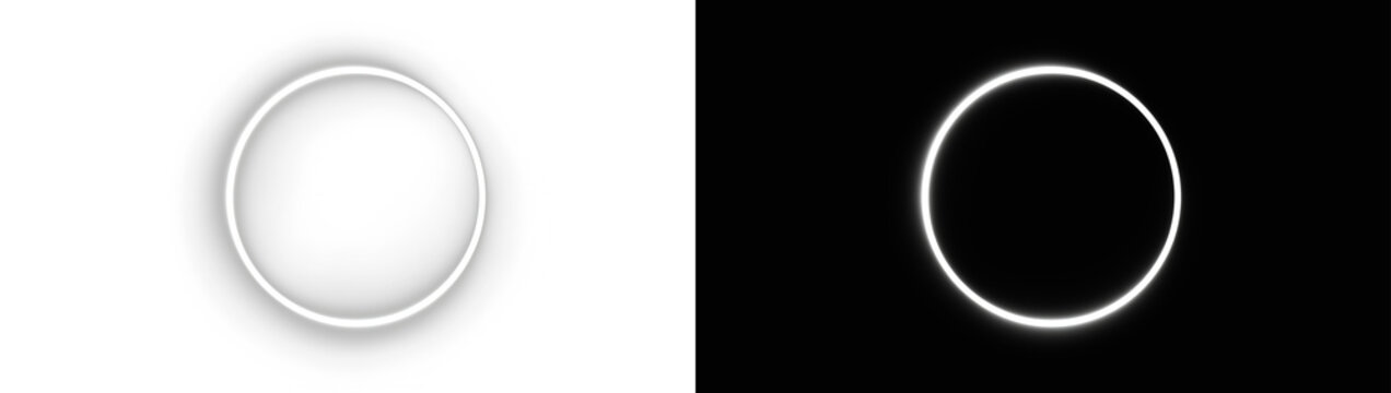 white glowing neon circle frame with soft shadow effect on black and white backgrounds for abstract minimalist design element or product presentation backdrop