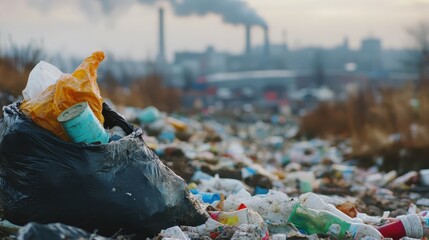 Fototapeta premium Hazardous waste pollution near industrial factories with smoke emissions and a close-up view of discarded trash