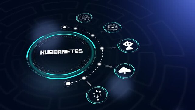 Kubernetes hud animation showing futuristic container orchestration interface with tech icons to manage cloud native software