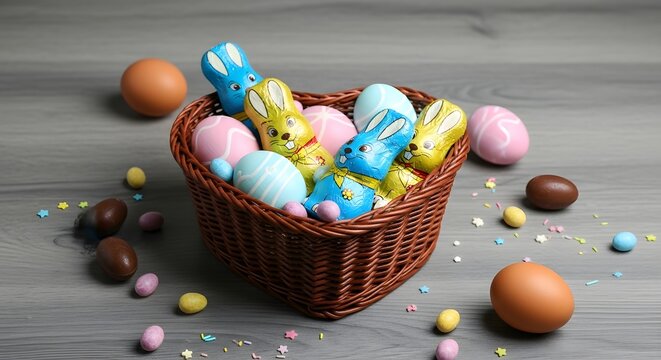 Easter eggs in a wicker basket on a wooden table