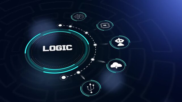 Logic hud animation featuring futuristic digital interface with computing icons to demonstrate algorithm processing and coding