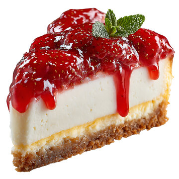 Delicious slice of strawberry cheesecake with fresh mint garnish.