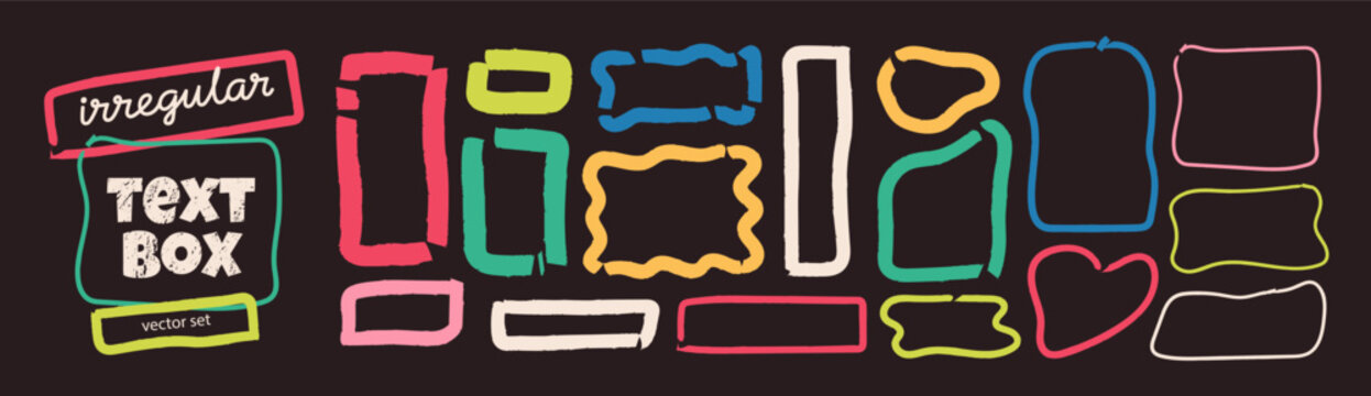 Hand drawn irregular frames and text boxes. Abstract speech bubbles and organic forms for playful design and backgrounds.