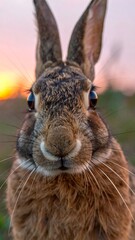 Obraz premium European Hare Stares Intently at Camera During Sunset.