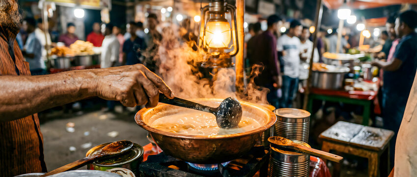 Close-up of an unrecognizable street food vendor stirring a steaming pot of chai at a bustling night market under lantern light.