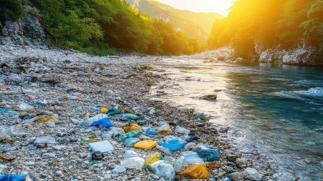 Polluted riverbank with abundant plastic waste and debris under bright sunlight, showcasing environmental degradation and ecological harm.