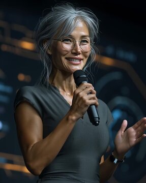 Poised Leadership: A distinguished woman, with silver hair, glasses, and a confident smile, delivers a speech. Capturing her charisma and poised demeanor.