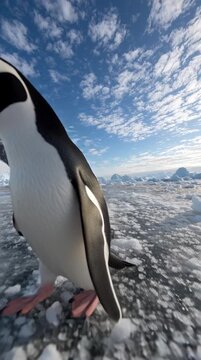 Chinstrap Penguin on Ice: A singular chinstrap penguin stands proudly amidst a stunning glacial landscape, its unique markings set against a dramatic sky.