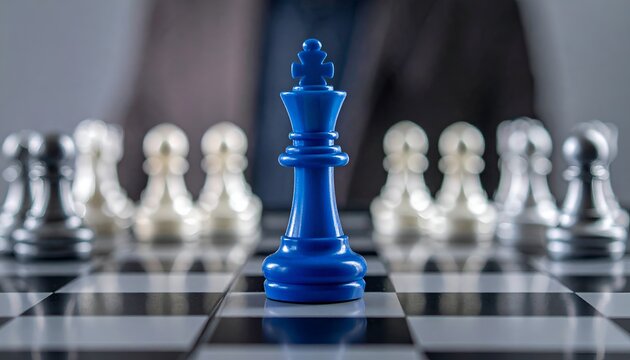 Leadership concept with a standout blue king on a chessboard, symbolizing authority, vision, and competitive advantage.