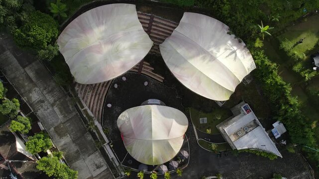 Aerial View of Outdoor Performance Stage in Morning Light. Drone Shot of Entertainment Stage from Above