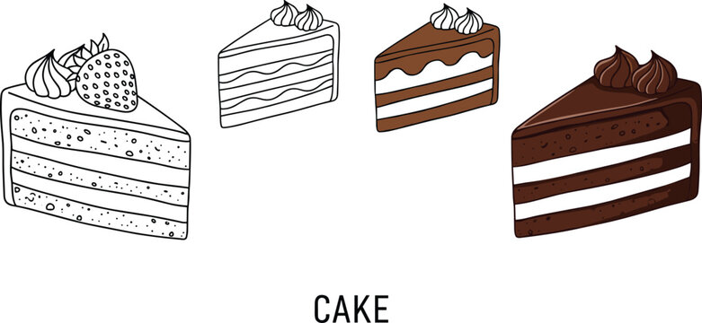 Cake slices vector set with strawberry vanilla chocolate and layered cakes hand drawn dessert illustration for bakery menu design