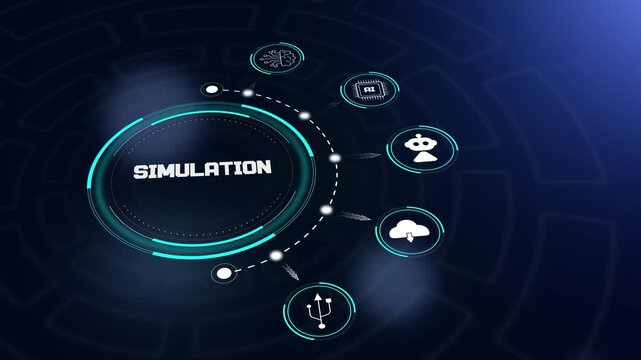 Digital hud animation focusing on simulation technology displaying interactive symbols for innovative modeling and tech concepts