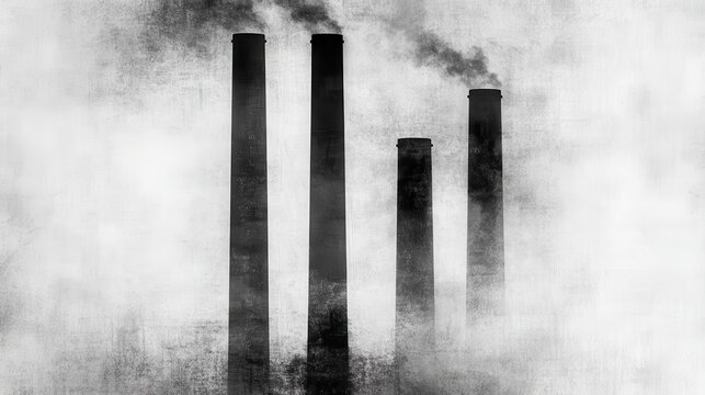 Tall industrial smokestacks emitting smoke against a dramatic high-contrast sky