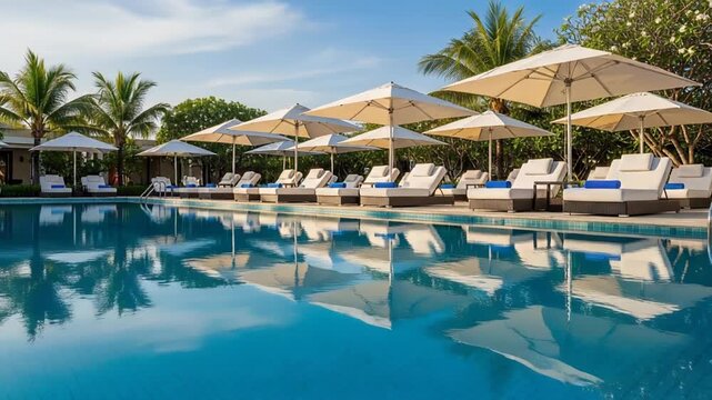 A serene pool scene with lounge chairs and umbrellas near palm trees under a bright blue sky