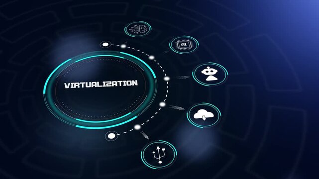 Virtualization hud animation featuring futuristic digital interface with cloud icons to demonstrate efficient resource management