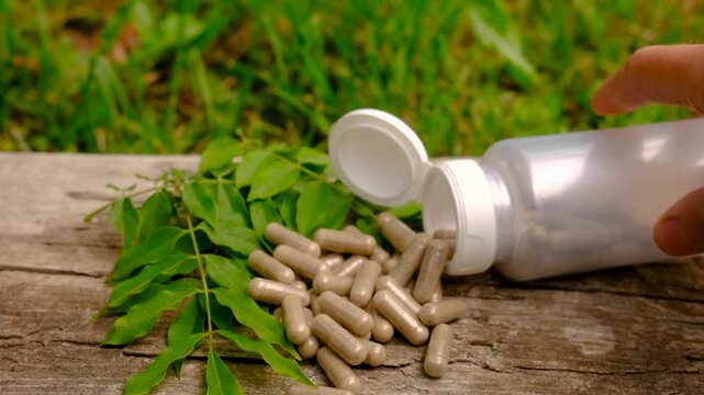 Moringa essential oil and supplements. Selective focus.