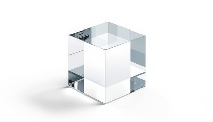 Fototapeta premium Clear solid glass cube block object casting a subtle shadow on a bright white background representing purity simplicity and geometric precision for modern design concepts