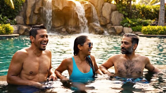 Three friends enjoying a refreshing dip in a resort swimming pool