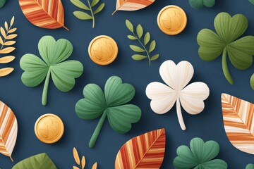 Naklejka premium Flat lay of paper shamrocks, gold coins and colorful leaves for St. Patrick's Day celebration