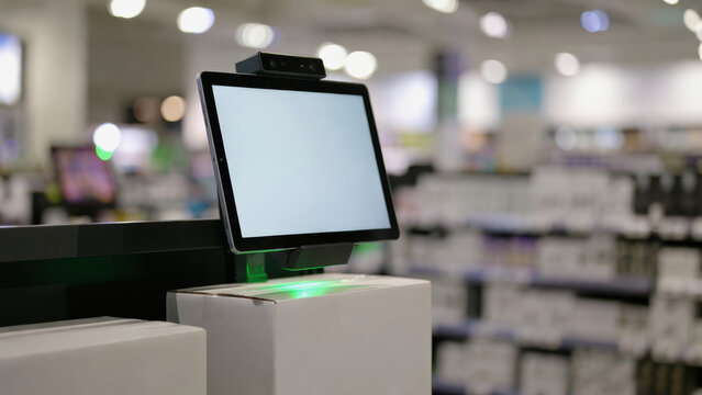 Smart display tablet with blank screen on retail checkout counter, modern technology in store, bright atmosphere