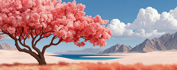 Naklejka premium Pink cherry blossom tree on grassland with blue sky, calm lake and distant mountains