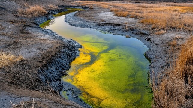 Vibrantly colored polluted waterway with swirling patterns in a dry landscape
