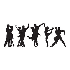Fototapeta premium Romantic dance couples silhouettes elegant ballroom poses love movement vector illustration. 