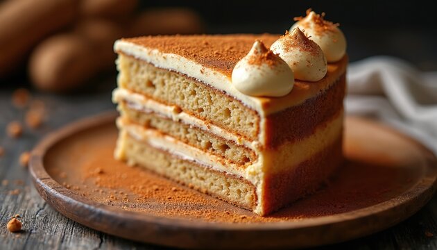 Churros cake slice with cream filling and cinnamon topping. Rich dessert served on rustic wood plate. Sweet treat, baked goods with caramel flavor.