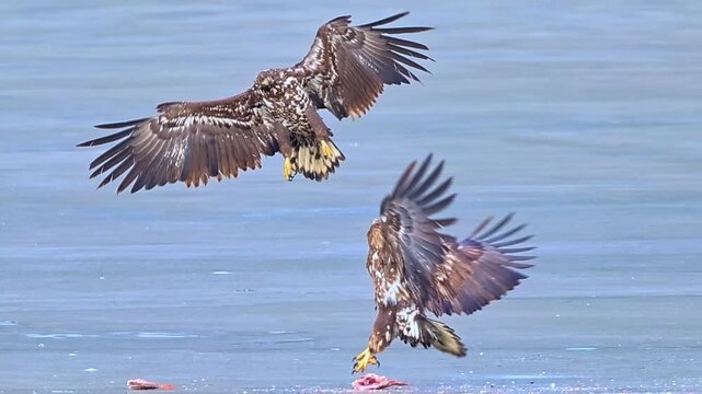 Two Majestic White-tailed Eagles and a Crow Feeding on a Sandy Beach