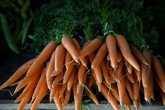 Fresh organic Sicilian Novella di Ispica carrots on a farmer's market display in Catania Sicily, Italy.