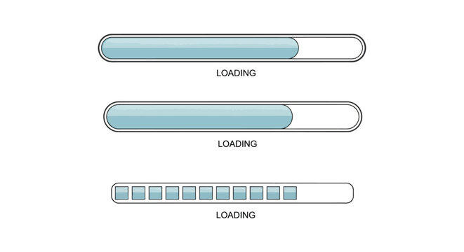 Set of three distinct vector loading bar interface elements showing data progress and system status updates