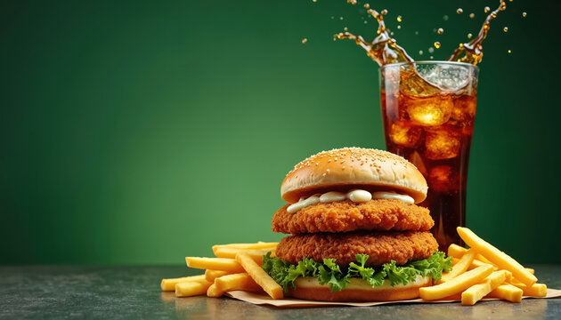 Crispy chicken burger with fries and splash. Double patty sandwich with lettuce and sauce. Served with golden potato sticks. Refreshing drink with ice cubes.