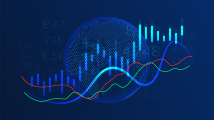 Forex and Stock Market Trading Chart Candlestick Up and Down trend Blue Background with Globe Vector © DG gallery