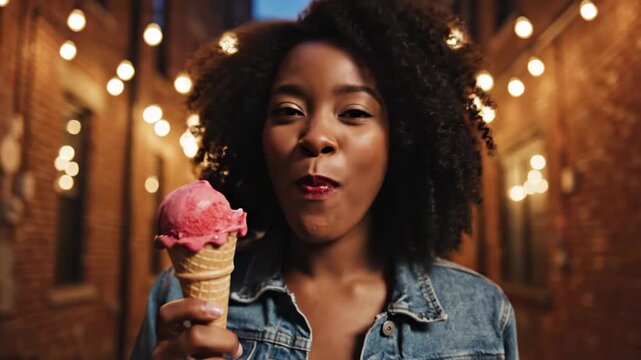 Smiling woman holding ice cream in illuminated brick alley
