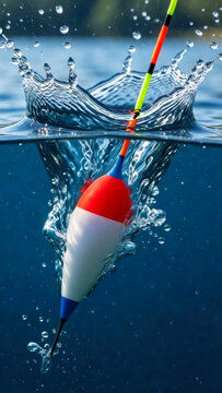 Fishing float sinks into water with splashes, view under water and above water.