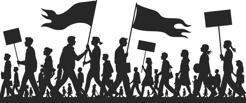 Protest march silhouettes with flags and signs, diverse people united, social movement illustration, activism, civic engagement, collective action