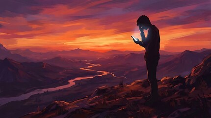 Obraz premium Silhouette of Man Using Smartphone on Mountain Peak at Sunset Illustration