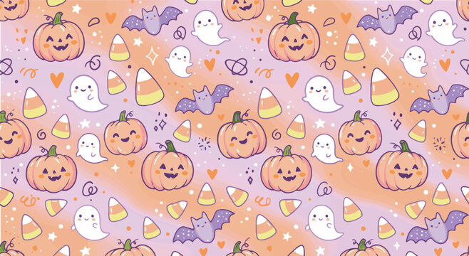 Cute halloween seamless pattern with pumpkin ghost bat and candy corn pastel background.eps