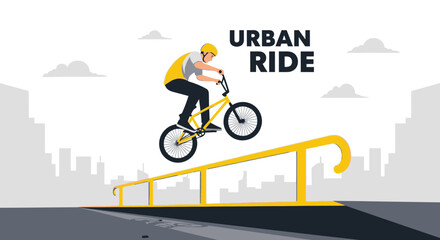 Naklejka premium Dynamic Urban Cycling Stunt Performed On A Yellow BMX Bike