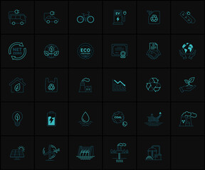 Neon sustainability, net zero, and green energy line icon set on dark background. Includes eco-friendly, recycling, and renewable power symbols. Vector illustration.