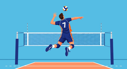 Obraz premium Dynamic Volleyball Spike Action Illustration Athlete Jumping High for Powerful Serve