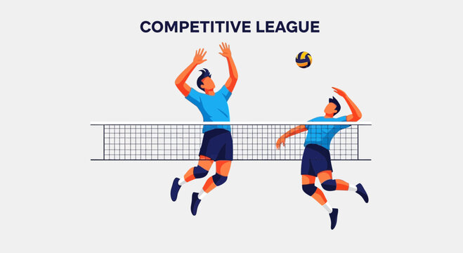 Dynamic Volleyball Match Action Competitive League Players In Mid-Air