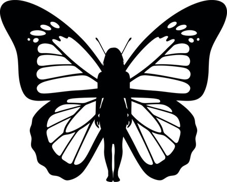 Silhouette of Woman with Butterfly Wings Isolated on White Background for Creative Design