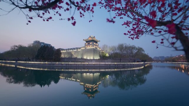 Night View of the Illuminated Zuoanmen Corner Tower Library and Plum Blossoms by the Moat, Beijing