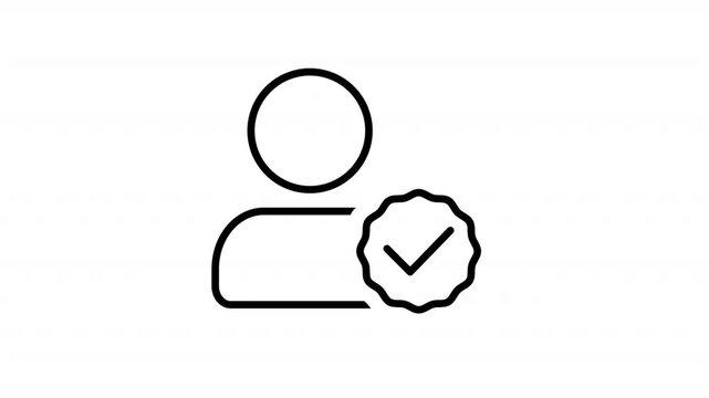 Animated User Verified Badge Black Line Icon. Account approval identity verification and trusted profile concept. Icon animation on transparent background